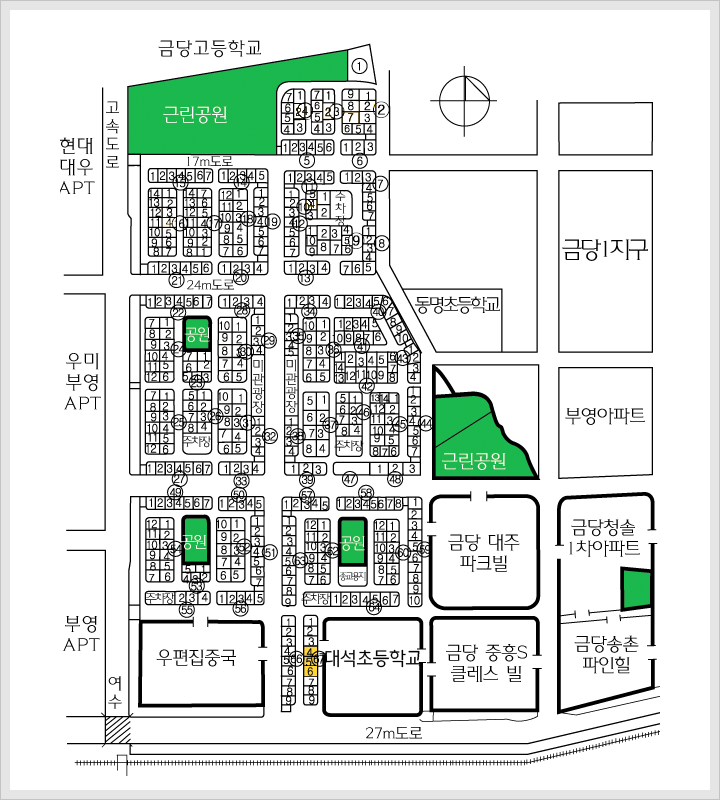 토지이용계획도/순천 금당 2지구 택지공금 계획도로 현대 대우APT, 우미부영APT, 부영 APT,금당고 방향 고속도로, 우편집중국, 대석초등학교, 동명초등학교, 금당대주파크빌, 금당 중흥S클래스 빌, 금당1직, 부영아파트, 금당청솔1차아파트, 금당송촌파인힐이 있고, 근린공원들과 공원에는 초록색으로 표시되어 있습니다.