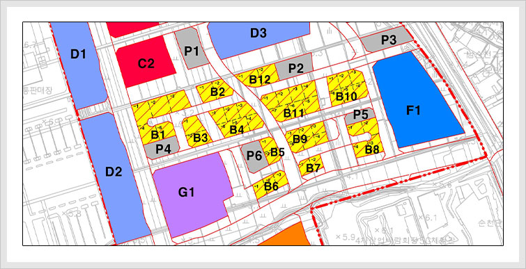 순천 연향들지구 도시개발사업의 준주거용지에 대한 위치정보가 색별로 표시되어 있습니다.