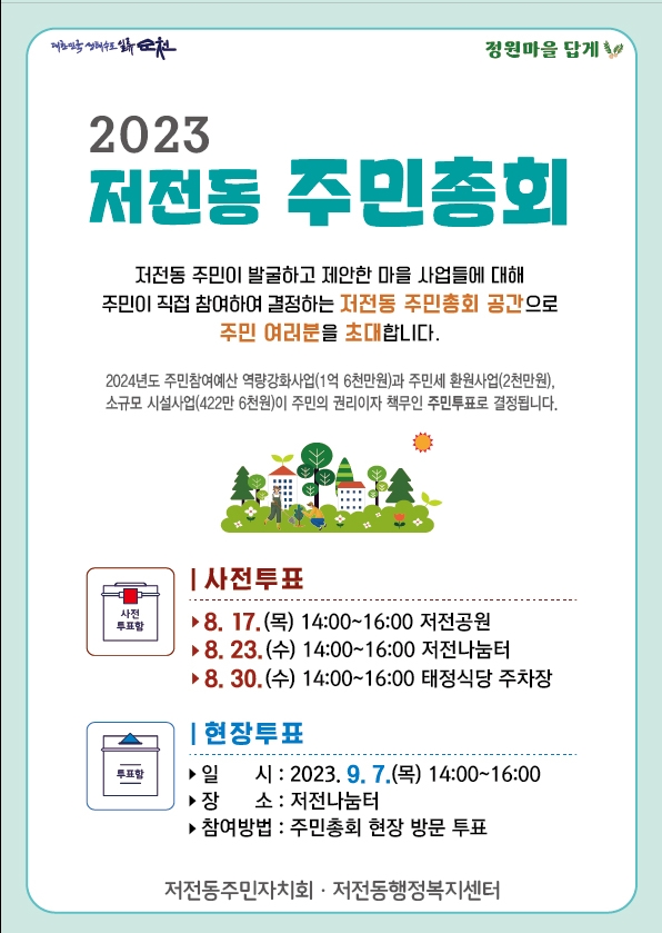 2023저전동 주민총회
저전동 주민이 발굴하고 제안한 마을 사업에 대해 주민이 직접 참여하여 결정하는 저전동 주민총회 공간으로 주민여러분을 초대합니다.
2024년도 주민참여예산 역량강화사업(1억6천만원)과 주민세 환원사업(2천만원), 소규모 시설사업(422만6천원)이 주민의 권리이자 책무인 주민투표로 결정됩니다.
사전투표
8.17(목) 14시-16시 저전공원
8.23(수) 14시-16시 저전나눔터
8.30(수) 14시-16시 태정식당 주차장
현장투표
일시 2023.9.7.(목) 14시-16시
장소 저전나눔터
참여방법 주민총회 현장 방문 투표