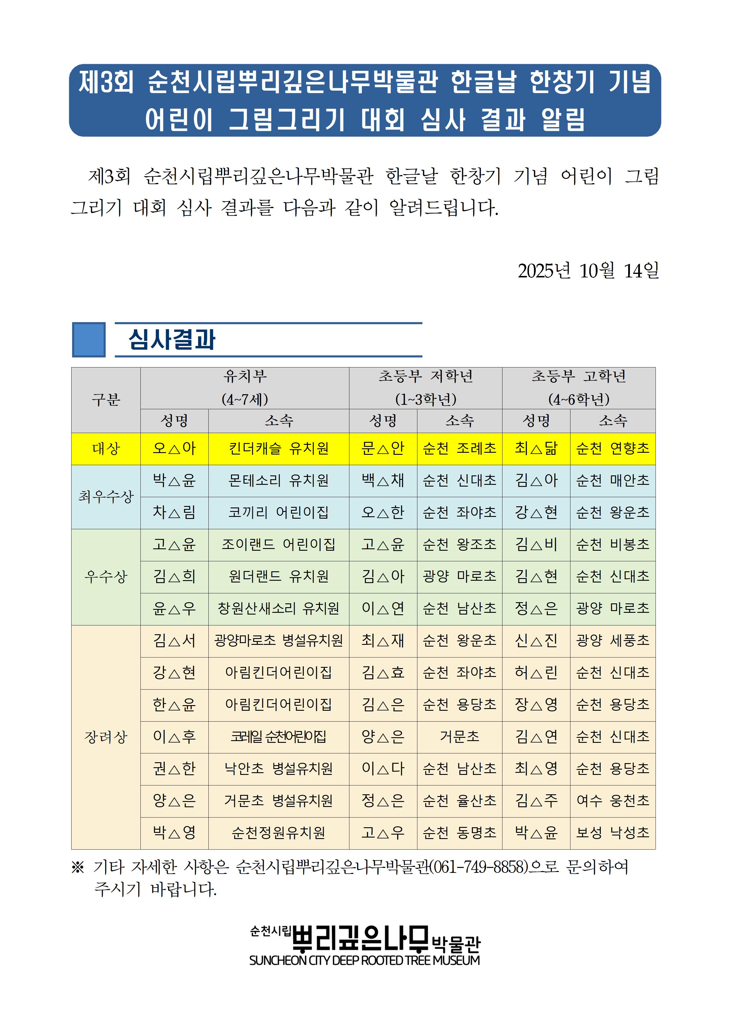 제3회 순천시립뿌리깊은나무박물관 한글날 한창기 기념 어린이 그림그리기 대회 심사 결과 알림_홈페이지 게재용(색상표시)001.jpg 이미지입니다.