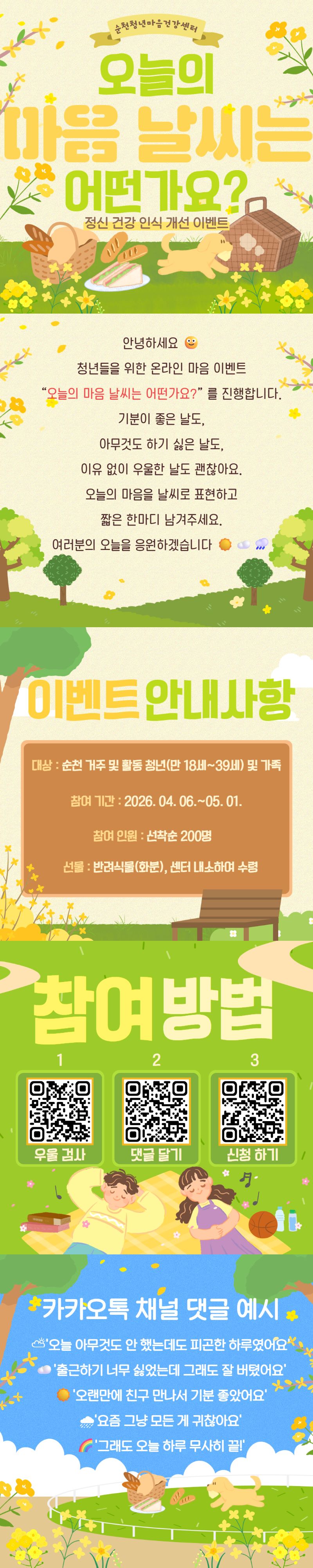 순천청년마음건강센터가 주최하는 오늘의 날씨는 어떤가요? 온라인 마음 건강 이벤트 안내문입니다. 이 행사는 청년(만 18-39세) 및 가족을 대상으로, 자신의 현재 감정 상태를 오늘의 마음 날씨에 비유하여 표현하도록 격려합니다. 포스터는 따뜻한 봄날의 피크닉을 연상시키는 화사한 노란색과 녹색 톤의 배경에, 꽃, 피크닉 바구니, 아이들, 강아지 등의 귀여운 일러스트로 구성되어 있어 편안하고 지지적인 분위기를 선사합니다. 기분이 좋은 날, 아무것도 하기 싫은 날, 이유 없이 우울한 날 등 어떤 감정도 괜찮으며, 이를 짧은 한마디로 표현해달라는 메시지를 담고 있습니다. 참여 기간은 2026년 4월 6일부터 5월 1일까지이며, 우울 검사, 댓글 달기, 신청하기의 세 가지 참여 방법이 안내되어 있습니다. 선착순 200명에게는 반려식물이 선물로 제공됩니다. 이 이벤트를 통해 참여자들의 건강한 마음을 응원합니다.