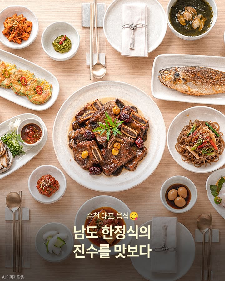순천 대표 음식, 남도 한정식의 진수를 맛보다!

순천 여행에서 든든한 한 끼를 찾고 있다면
상다리 부러질 듯 차려지는 순천 한정식을 추천드려요  

  순천 한정식의 매력
다양한 제철 재료와 정갈한 밑반찬,
생선구이와 떡갈비, 꼬막무침 등
남도 밥상의 풍성함을 한 번에 느낄 수 있어요!

  입맛 돋우는 밑반찬
나물반찬과 전복구이, 낙지구이처럼
순천의 특색이 담긴 음식들이 함께 올라와
맛과 영양을 모두 챙기기 좋답니다.

  순천한상 추천
루미가 추천하는 꼬막한정식부터
뚱이가 추천하는 푸짐한 순천한상까지!
순천의 향이 가득한 한 끼로
여행의 만족도를 높여보세요.

순천에서 제대로 된 남도 밥상을 즐기고 싶다면
정갈하고 푸짐한 순천 한정식 꼭 맛보세요  

#순천 #순천여행 #순천맛집
#순천한정식 #순천대표음식 #남도한정식
#순천먹거리 #순천한상 #전남여행 #남도밥상
